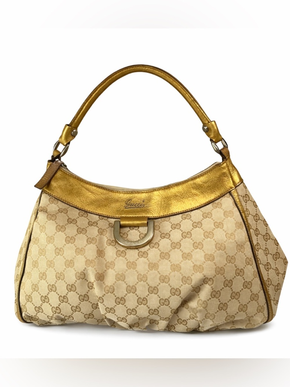 Gucci Gold Trim Beige GG Canvas Shoulder Bag
